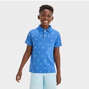 NWT Cat & Jack XL (14) Blue Collared Short Sleeve Polo Shirt Bird Pattern